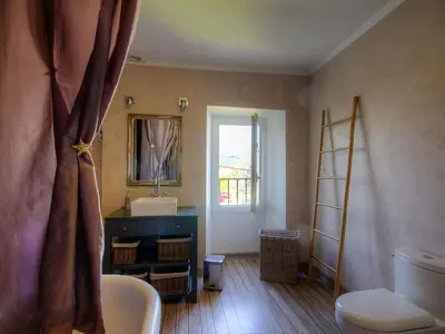 a bathroom with a sink and a toilet and a mirror at Holiday Home Exklusivität Korsika- Steinhaus mit Charme by Interhome in Santa-Lucia-di-Moriani