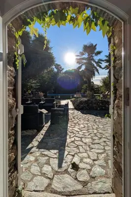 an archway leading to a patio with a palm tree at Holiday Home Exklusivität Korsika- Steinhaus mit Charme by Interhome in Santa-Lucia-di-Moriani