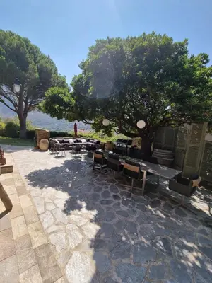 a patio with a bunch of benches and trees at Ferme Canioni in Belgodère