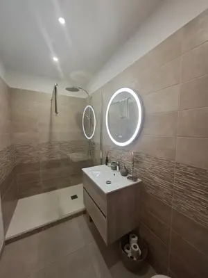 a bathroom with a sink and a shower and a mirror at Appartement terrasse au cœur d'Ajaccio in Ajaccio