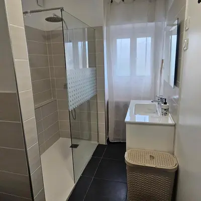 a bathroom with a shower and a sink at Séjournez entre mer et montagne en Corse-du- Sud in Cauro