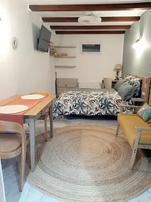 a bedroom with a bed and a table and a rug at Estancia el Sauce in Taglio-Isolaccio