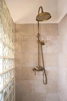 a shower with a shower head in a bathroom at Casa Felice, Bergerie en pierre, jacuzzi, jardin in San-Gavino-di-Carbini