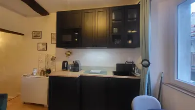 a kitchen with black cabinets and a counter top at Studio de charme Cœur d'Ajaccio in Ajaccio
