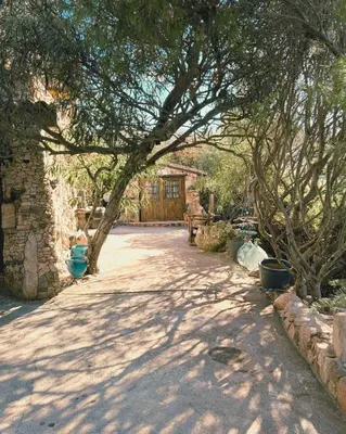 a person sitting on a bench under a tree at Private pool villa Beach 50 m away 10 guests in Sartène