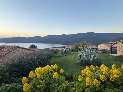 a garden with yellow flowers and a body of water at Mini-villa 4 personnes - Soléa 19 - vue mer in Serra-di-Ferro