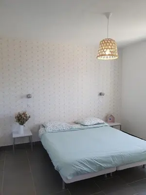 a bedroom with a large bed and a pendant light at maison être mer et montagne in Ponte-Leccia