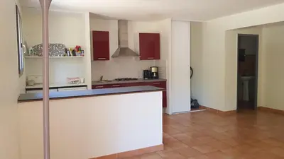 a kitchen with red cabinets and a counter top at domaine d alistro avec grande piscine in Canale-di-Verde