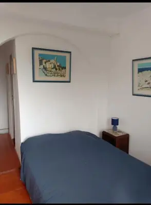 a bedroom with a blue bed and two pictures on the wall at Maison typique village corse in Sari-dʼOrcino