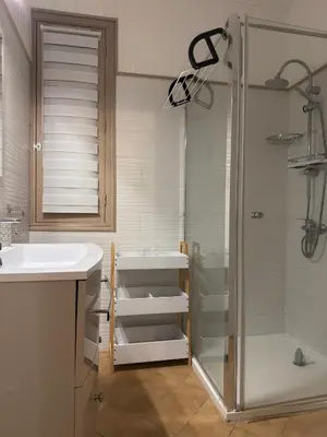 a bathroom with a sink and a shower at Appartement calme jardin vue mer sur les hauteurs in Grosseto-Prugna