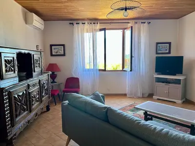 a living room with a couch and a tv at Appartement calme jardin vue mer sur les hauteurs in Grosseto-Prugna