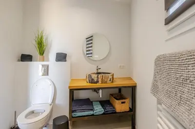 a bathroom with a toilet and a mirror at Studio neuf , vue mer et montagne in Lavatoggio