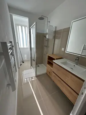 a bathroom with a sink and a shower and a mirror at T2 Cosy Centre Ajaccio in Ajaccio