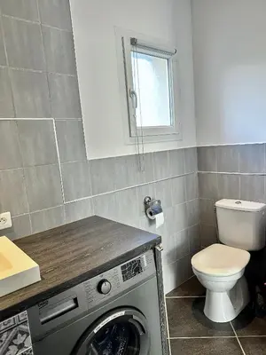 a bathroom with a washing machine and a toilet at Hébergement avec piscine in Sotta