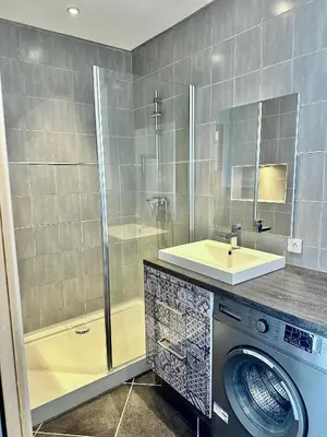 a bathroom with a washing machine and a sink at Hébergement avec piscine in Sotta