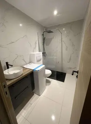 a bathroom with a toilet and a sink and a shower at Appartement pour 6 pers avec piscine in Zonza