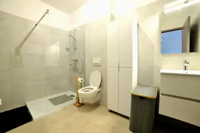 a bathroom with a toilet and a shower and a sink at Résidence Poggiarelli in Sainte-Lucie de Porto-Vecchio