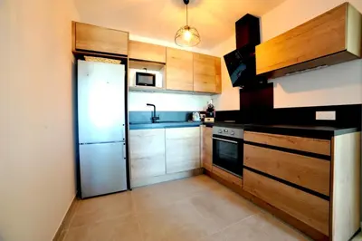 a kitchen with a refrigerator and a sink at Résidence Poggiarelli in Sainte-Lucie de Porto-Vecchio