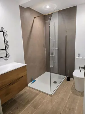 a bathroom with a shower and a sink at Charmant T2 in Sotta