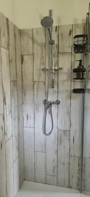 a shower with a shower head in a bathroom at Appartement de la Maison des Licornes in Appietto
