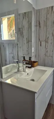 a bathroom with a white sink and a mirror at Appartement de la Maison des Licornes in Appietto