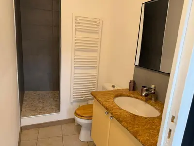 a bathroom with a sink and a toilet and a shower at Grand Studio hyper centre PORTO-VECCHIO in Porto-Vecchio