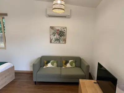 a living room with a couch and a bed at Grand Studio hyper centre PORTO-VECCHIO in Porto-Vecchio