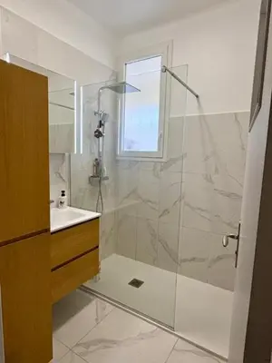 a bathroom with a glass shower and a sink at Ajaccio centre vue mer in Ajaccio