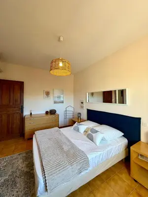 a bedroom with a large bed and a chandelier at Maison 4 chambres vue mer Jardin et plage à 1 min in Olmeto