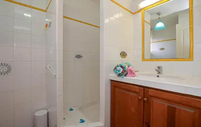 a bathroom with a sink and a shower at Villa Piscine Vue Mer in Porto-Vecchio