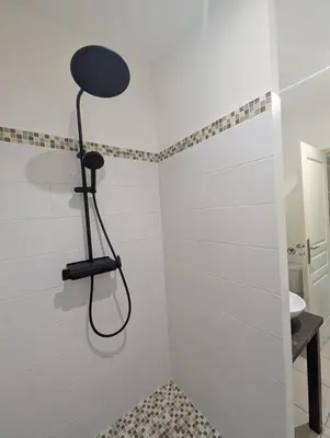 a white bathroom with a shower with a sink at charmante maisonnette avec spa privatif in Zonza