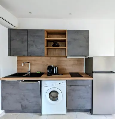 a kitchen with a washing machine and a washer at charmante maisonnette avec spa privatif in Zonza