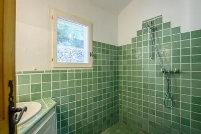a green tiled bathroom with a shower and a sink at La licorne in Serriera