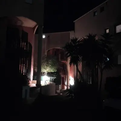 a building lit up at night with palm trees in front at Le Scudo in Ajaccio