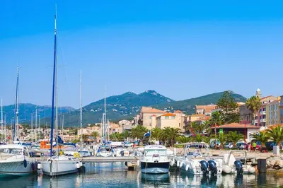 a bunch of boats are docked in a harbor at Entre mer, piscine et maquis, T2 avec panorama in Propriano