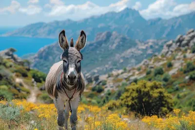 a donkey walking in a field of flowers at Entre mer, piscine et maquis, T2 avec panorama in Propriano