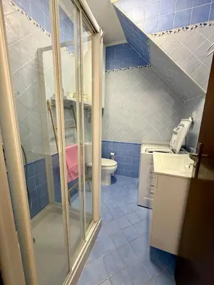 a blue tiled bathroom with a toilet and a shower at Charmant Duplex proche mer, Clim Terrasse à BORGO in Borgo