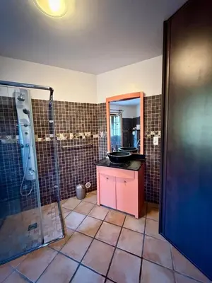 a bathroom with a sink and a shower at Villa en pierre Vue imprenable sur le Golfe in Propriano