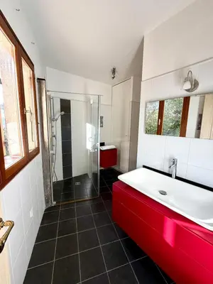 a bathroom with a red sink and a shower at Villa en pierre Vue imprenable sur le Golfe in Propriano