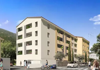 a rendering of a apartment building with people in a parking lot at Studio 2 minutes du port Bonifacio avec parking privé in Bonifacio