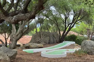 a green slide in a park with trees and rocks at Mini villa vue mer et wifi dans petite résidence avec piscine chauffée in Serra-di-Ferro