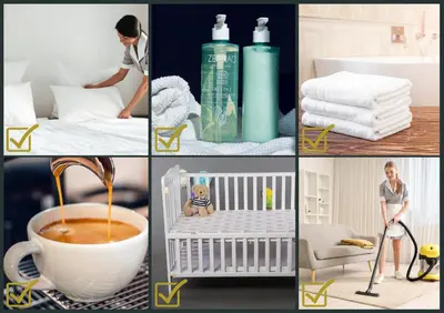 a collage of pictures with a crib and towels at Cala di Sole - T2 Cabine, Piscine & Plage in Pianottoli-Caldarello