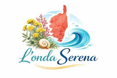 a logo for a seafood restaurant with a wave and a map of lombok at L'Onda Serena - 4 couchages à 5 min de la plage in Ajaccio