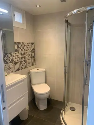 a bathroom with a toilet and a sink and a shower at Studio en bord de mer in Calcatoggio