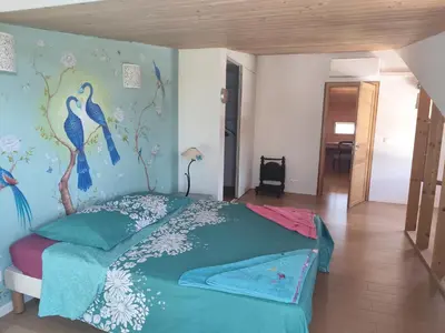 a bedroom with a bed with a peacock mural on the wall at Villa avec piscine et belle vue mer proche des plages et commerces in Porticcio