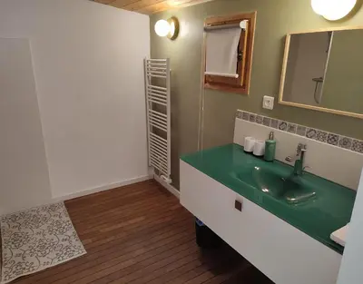 a bathroom with a green sink and a mirror at Villa avec piscine et belle vue mer proche des plages et commerces in Porticcio