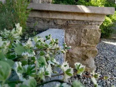 a stone bench in a garden with some plants at Maison San Giovanni in Corte