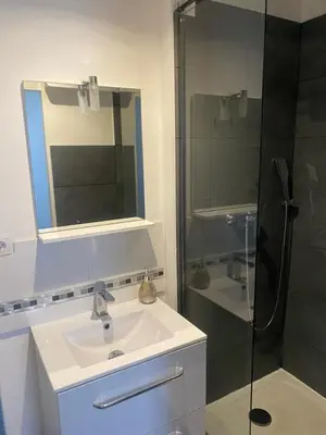 a bathroom with a sink and a glass shower at T2 Campo Meta in Furiani