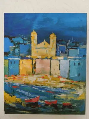 a painting of a city with boats in the water at Le Clos des Arbousiers in Linguizzetta