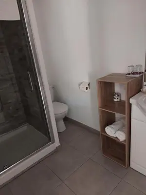 a bathroom with a shower and a toilet and a sink at Casa Petra in Corte